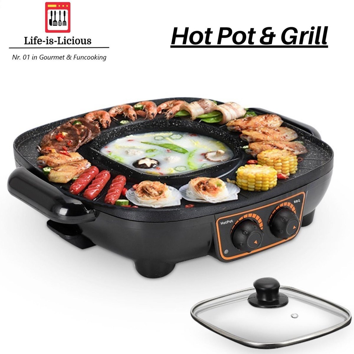 Life-is-Licious Hot-Pot & Grill apparaat - Gourmetstel Grilplaat Bakplaat Tafel BBQ Fondue