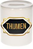 Bellatio Decorations Shoppartners Bv Spaarpot met voornaam Thijmen - wit - met goud/zwart embleem - 8 x 9 cm - keramiek - met afsluitdop - cadeau verjaardag