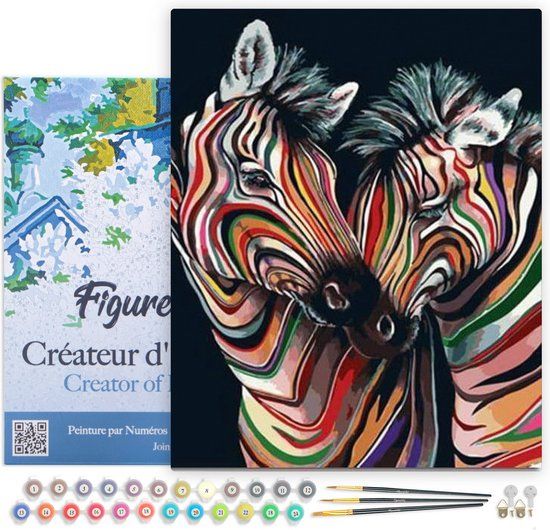 Figured'Art Schilderen op Nummer Volwassenen met lijst - Paar kleurrijke zebra's - Handwerk acrylverf Kit DIY Compleet - 40x50cm Canvas al ingelijst
