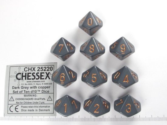 Chessex dobbelstenen set 10 10-zijdig Opaque Dark Grey w/copper