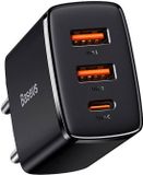 Baseus Compacte Trio Snellader 30W USB/USB-C Adapter Fast Charge Zwart