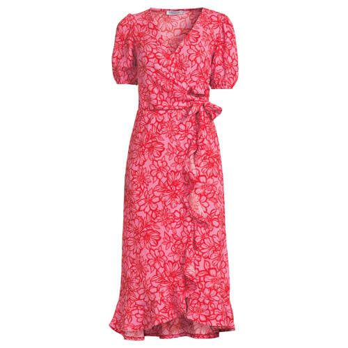 Anytime Rood/Roze Bloemenprint Crinkle Overslagjurk
