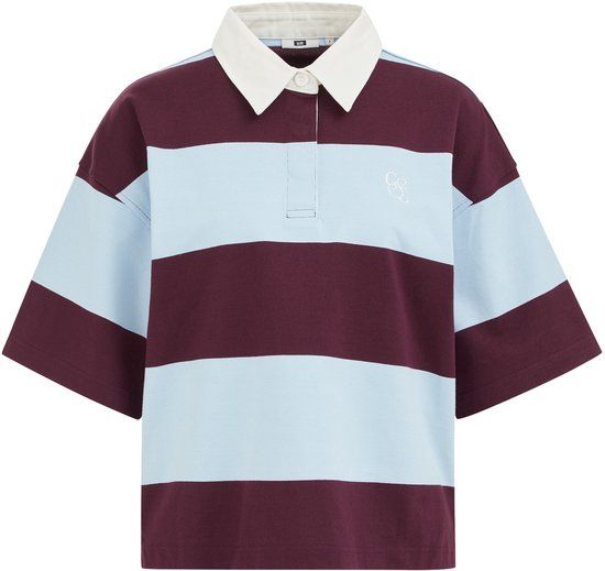 WE Fashion Dames oversized polo met blokstreep en embroidery