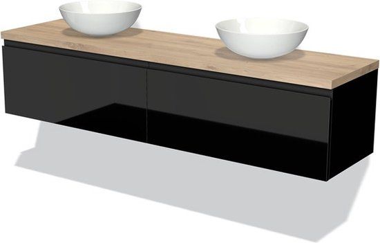 Maxaro Modulo Plato Badkamermeubel voor Waskom 180cm Hoogglans Zwart 2 Lades Lichtbruin Eiken Blad