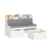 SoBuy Kinderopbergbank met Boekenkast en 2 Laden op Wielen – Kinderboekenkast met Zitkussen – Wit, 100x45x70cm, KMB66-W