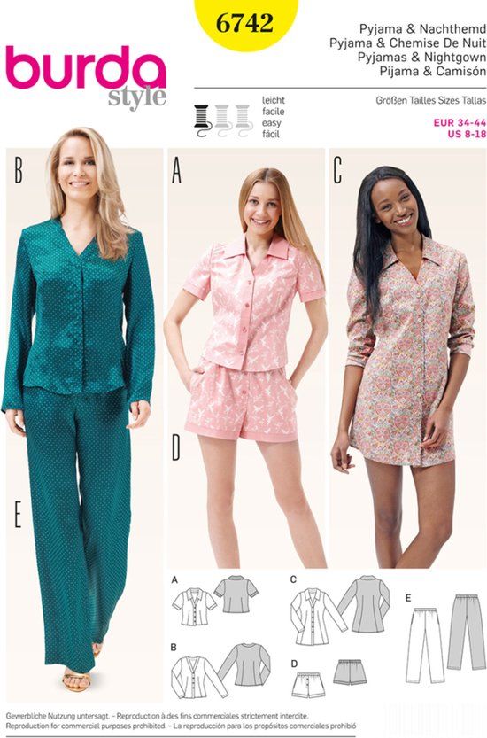 Burda Naaipatroon 6742 - Pyjama in variaties en nachthemd