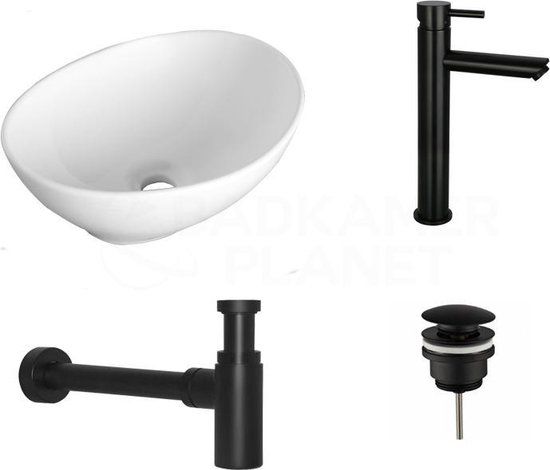 Sani Royal Keramische Waskomset Vino - Mat Zwart - 40.5x33x14 cm - Met Kraan