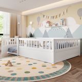 OEM ZKOO B.V. Paneelbed, 140 x 190 cm, kinderbed met spijlen, sterren- en maandecoratie, zonder matras, minimalistische stijl, wit