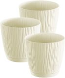 Prosperplast Pot/pot de fleurs Waves - 3x pièces - plastique - blanc crème - D13 x H12 cm - intérieur/extérieur - avec soucoupe