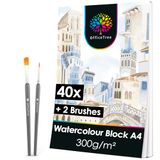 OfficeTree Aquarelpapier, A4, 40 vellen, 300 g, wit tekenpapier, met 2 gratis penselen
