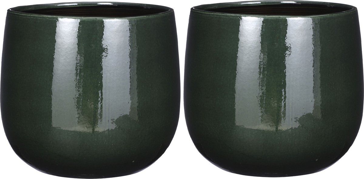 Mica Decorations - Plantenpot/bloempot - 2x stuks - keramiek - donkergroen glans/spotted - D29/H25 cm