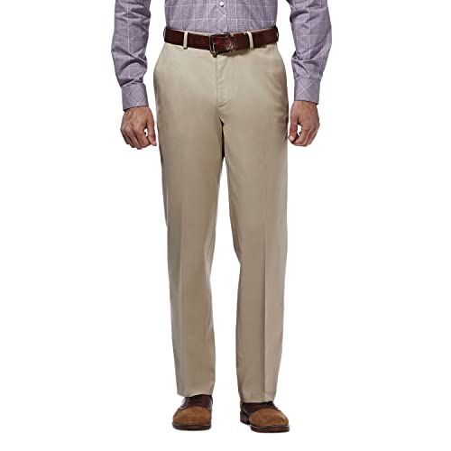 Haggar Men's Premium No Iron Classic Fit Expandable Waist Plain Front Pant - Khaki - 34W x 34L