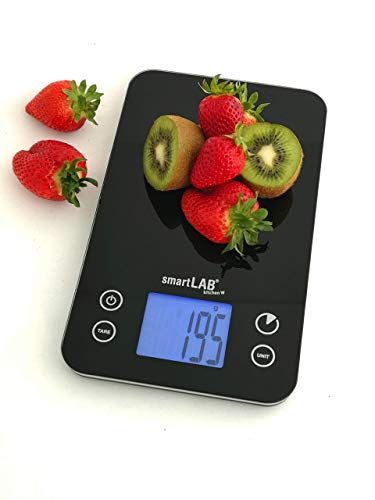 smartLAB Kitchen W Keukenweegschaal met bluetooth, digitale weegschaal voor de keuken, van glas, levensmiddelweegschaal in zwart, met gegevensoverdracht