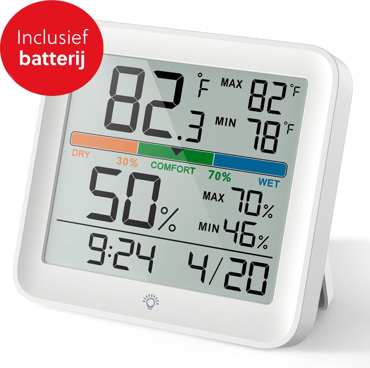 Ecoworks Hygrometer met Achtergrondverlichting - Incl. Batterij - Luchtvochtigheidsmeter - Digitaal Weerstation - Thermometer voor Binnen