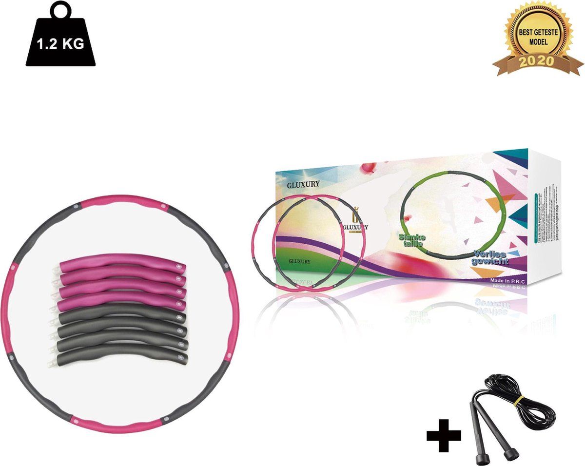 Gluxury Fitness Hoelahoep met masserende golven + Gratis Springtouw - 1.2 kg - Ø 100 cm - Roze/Grijs
