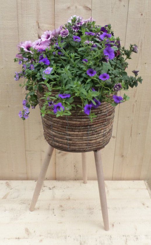 Warentuin Natuurlijk Riet plantenbak bruin op poten met zomerbloeiers paars/blauw h65 cm