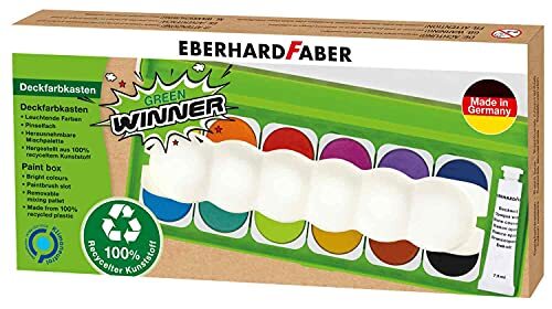 Eberhard Faber Green Winner 578313 Dekverfdoos met 12 kleuren in verwisselbare verfnapjes, dekwit en penseelvak, deksel als mengpalet bruikbaar, voor school, vrije tijd en hobby, meerkleurig