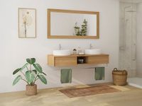 Vente-unique zwevend badkamermeubel in teakhout met handdoekhouder en dubbele ronde keramische opbouwwastafel - 140 cm - KUPANG