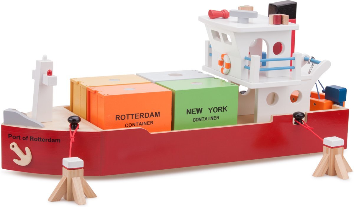 New Classic Toys - Speelgoed Containerboot - Inclusief 4 Containers - Haven Lijn