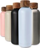 T&N Roestvrijstalen drinkfles, 500 ml, thermosfles, 0,5 l, met acaciahouten deksel, geïsoleerde waterfles, lekvrij bij koolzuur, thermosfles 500 ml, hemelsblauw