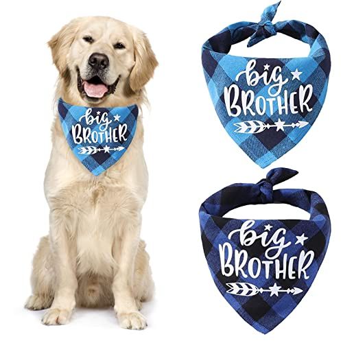 URROMA Meer Blauw en Zwart Blauw Plaid Hond Bandana Sjaal, 2 Packs Big Brother Zwangerschap Aankondiging Hond Bandana Verstelbare Driehoek Hond Slabbetjes Sjaal