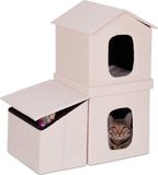 Relaxdays Kattenhuis Binnen - 86 x 75 x 44 cm - Opvouwbaar Kattenhok met 2 Etages - Kattenmand met Opbergmand - Beige