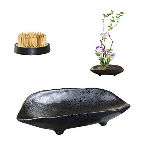 WANDIC Bloem Arranging Supplies, Bootvormige Keramische ikebana vazen met 4cm Ronde Bloem Kikker voor Ikebana Bloemenarrangement Art Home Decoration, Zwart Gevlekt