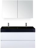 BES LED Maxx XL Badmeubelset 120 cm - Wit Hoogglans - Wastafel Kube Enkel Zwart 2 Kraangaten met Spiegelkast