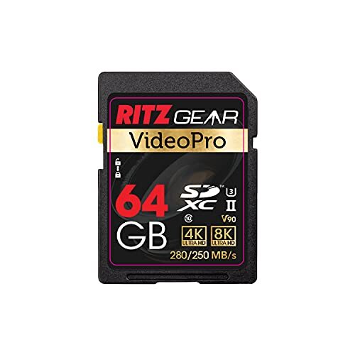 RitzGear Video Pro SD-kaart UHS-II 64 GB SDXC-geheugenkaart U3 V90 A1, extreme prestaties professionele SD-kaart (R 280 mb/s 250 mb/s W) voor geavanceerde DSLR, goed geschikt voor video, inclusief 4K, 8K, 3D, Full HD-video