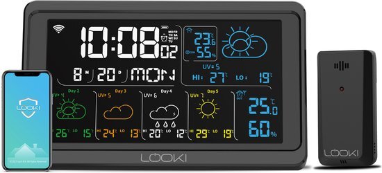 Looki Slim Weerstation met App – Weersverwachting – Hygrometer – Binnen en Buiten – Temperatuurmeter - UV - Draadloos - WiFi