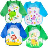 Vicloon Baby Slabbetjes met Lange Mouwen, 4-Pack Waterdichte Baby Slabbetjes, Unisex, Wasbaar, 4 Patronen