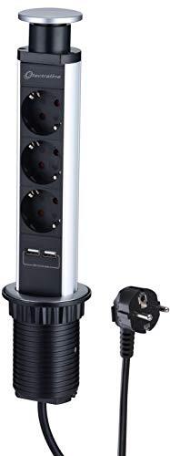 Electraline 62557 Tower tafelstekkerdoos 3-voudige USB, compleet in tafelblad, intrekbare stekkerdoos, 2 m kabel 3 G1,5 mm, zwart