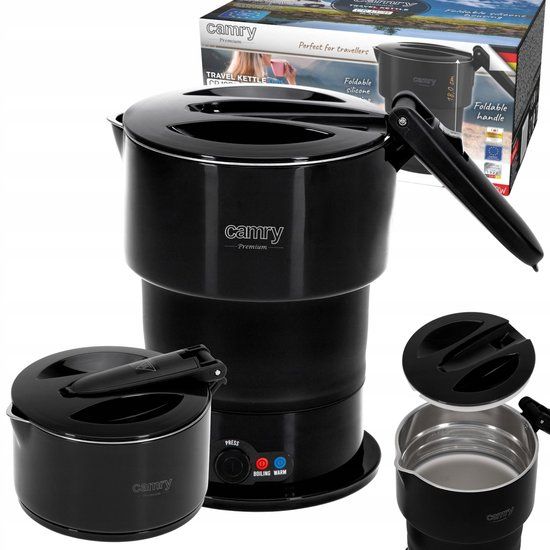Camry CR 1378 Opvouwbare Reiswaterkoker – 0,6L – Siliconen – Automatische Warmhoudfunctie – Mini waterkoker - 600W – Inclusief Reistas – Zwart