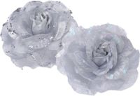 Merkloos Kerstboomversiering Bloemen - 2x stuks - 9 cm - zilver glitter - op clip - ornament