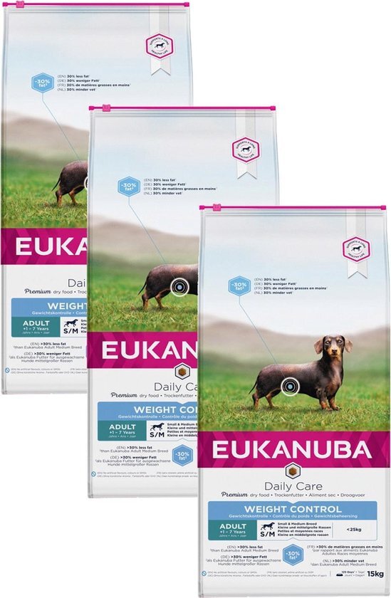 EUKANUBA Adult Small & Medium Breed Weight Control - Hondenvoer - 3 x Kip 2.3 kg