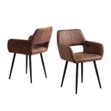 MEUBLE COSY Eetkamerstoelen, set van 2 vintage keukenstoel, gestoffeerde stoel met armleuning, suède stoel, woonkamerstoel, metalen poten, bruin, 56x56x78cm