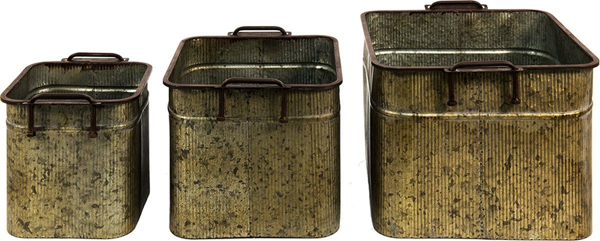 Clayre & Eef Decoratie Zinken Teil Set van 3 - 42x38x28 cm - Grijs Ijzer Rechthoek Decoratie Emmer