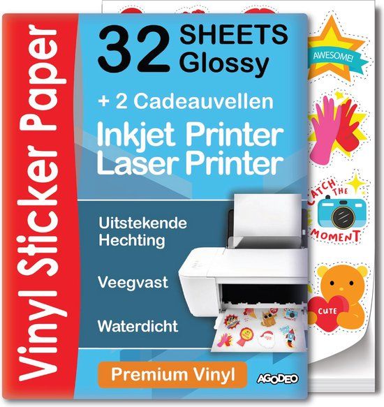 32 Glossy Vinyl Sticker Sheets A4 - Inkjet & Laser Printer - Waterproof