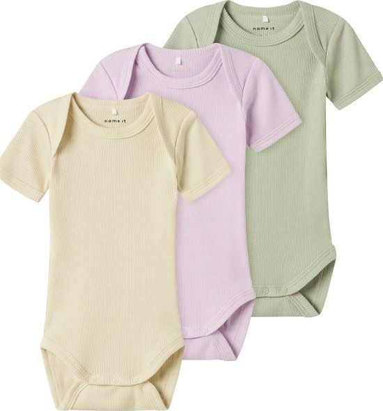 NAME IT NBNBODY 3P SS SOLID RIB NOOS - Baby Bodies - Unisex - Winsome Orchid - Effen - Korte mouw - Biologisch katoen, Katoen - 3 stuks