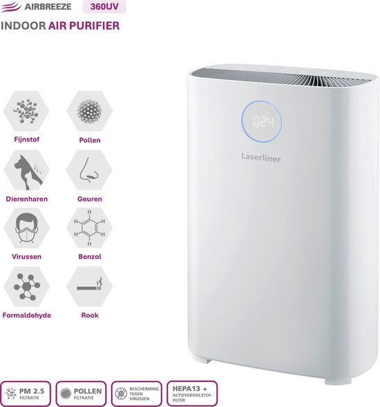 Laserliner AirBreeze 360UV - UV Luchtreiniger 360m³/h - HEPA13 - Inactiveren virussen/ bacteriën - Fijnstof 99,997% - Bijzonder stil < 20 dB - Verduisterend display - Wit design