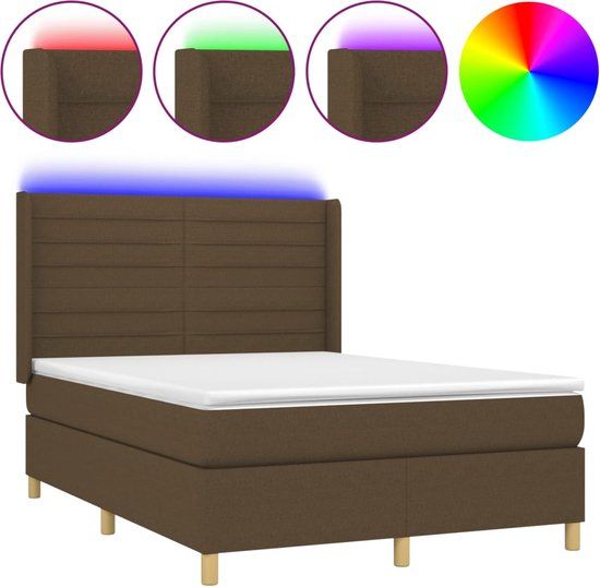 vidaXL Boxspring met matras en LED, stof, donkerbruin, 140x200 cm