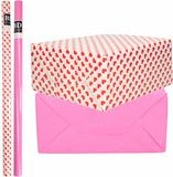 Bellatio Decorations Shoppartners Bv 4x Rollen kraft inpakpapier liefde/rode hartjes pakket - roze 200 x 70 cm - cadeau/verzendpapier