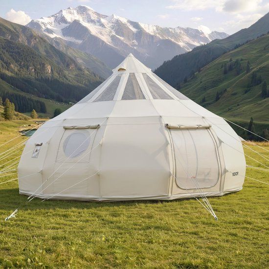 VEVOR Canvas Bell Tent, 5m Yurt, 4 Seizoenen, met Schoorsteenopening & Regenhoes, Poly-katoenstof, Slaapplaatsen tot 12 Personen, voor Familiekamperen & Andere Buitenactiviteiten, Beige