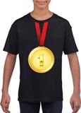 Bellatio Decorations Shoppartners Bv Gouden medaille kampioen shirt zwart jongens en meisjes - Winnaar shirt Nr 1 kinderen 158/164