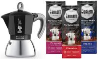 Bialetti Moka Inductie Zwart - 4-kops - 150ml + Koffie Proefpakket 3 x 250gr