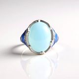 Cavill - 9 Ct Blauwe Chalcedoon Ovaal Cabochon Ring - 925 Sterling Zilver Geplateerd - Sprankelende Zirkonia - Handgemaakte Elegante Sieraad