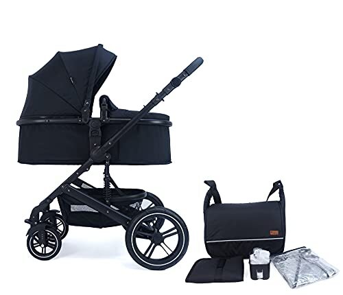 PIXINI Neyla combi kinderwagen met stoffen kuip, buggy, luiertas, drankhouder, regenzeil, muggennet, aankleedkussen (zwart/zwart)