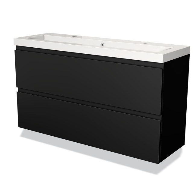 Maxaro Badkamermeubel 120cm Modulo Slim Mat Zwart 2 Lades Greeploos Wastafel Mineraalmarmer