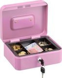 Merkloos Relaxdays Geldkistje met slot en 2 sleutels - uitneembare inzet - 5 vakken - 8,5 x 20 x 17 cm - ijzer - roze
