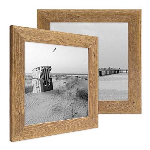 Photolini Set van 2 fotolijsten 15x15 cm rustiek strandhuis natuurlijk eiken look massief hout met glazen ruit inclusief accessoires | Fotolijst